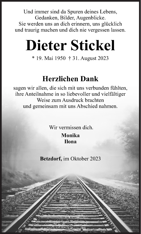 Traueranzeige von Dieter Stickel von Siegener Zeitung