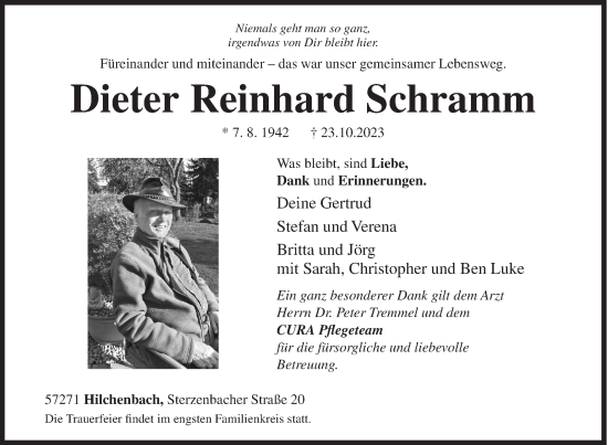 Traueranzeige von Dieter Reinhard Schramm von Siegener Zeitung