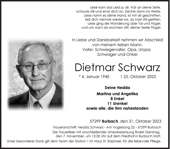 Traueranzeige von Dietmar Schwarz von Siegener Zeitung
