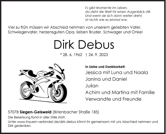 Traueranzeige von Dirk Debus von Siegener Zeitung