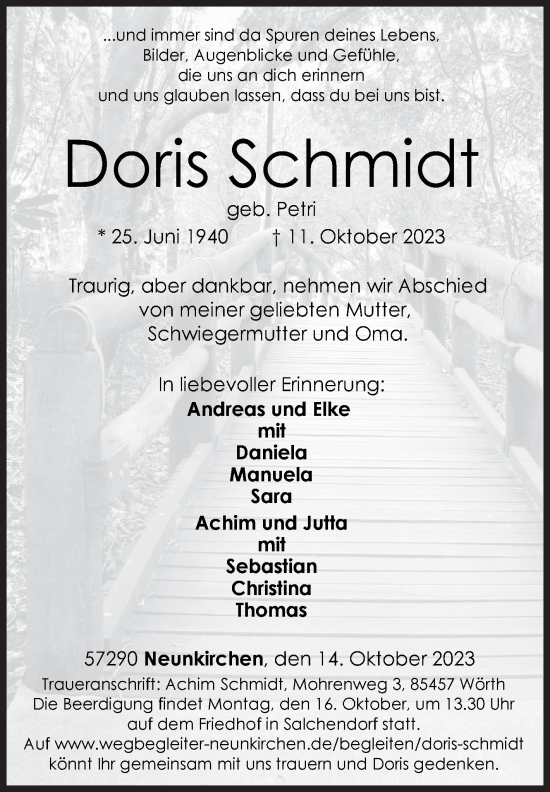 Traueranzeige von Doris Schmidt von Siegener Zeitung