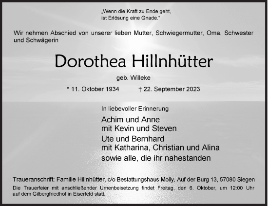 Traueranzeige von Dorothea Hillnhütter von Siegener Zeitung