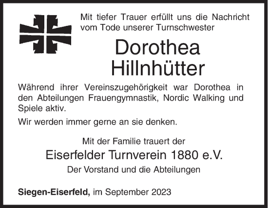 Traueranzeige von Dorothea Hillnhütter von Siegener Zeitung