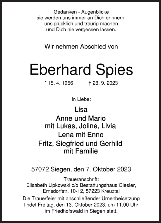 Traueranzeige von Eberhard Spies von Siegener Zeitung