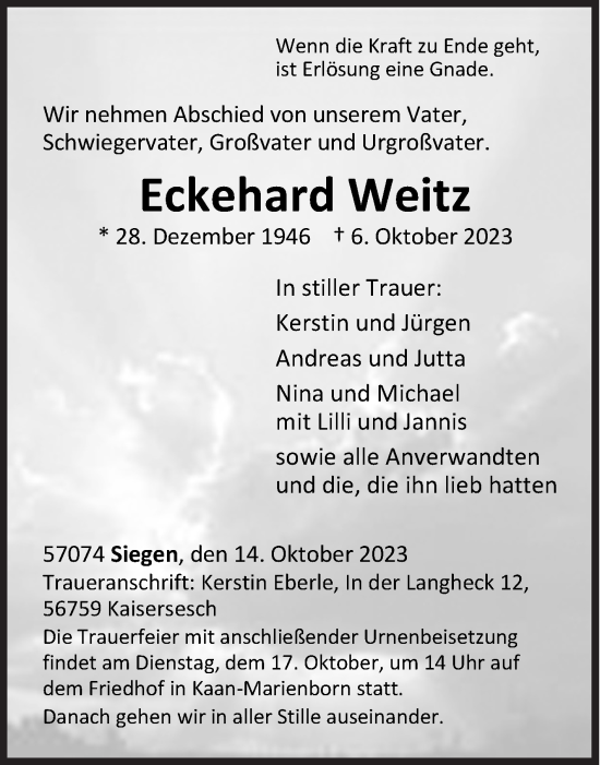 Traueranzeige von Eckehard Weitz von Siegener Zeitung