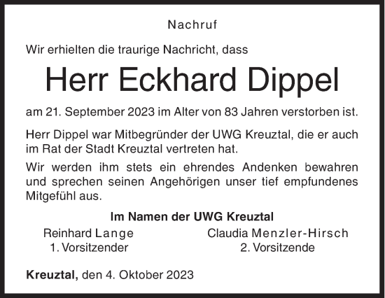 Traueranzeige von Eckhard Dippel von Siegener Zeitung