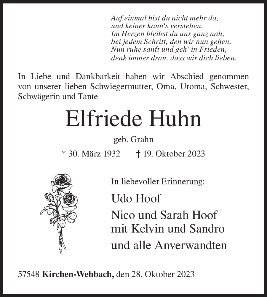 Traueranzeigen von Elfriede Huhn