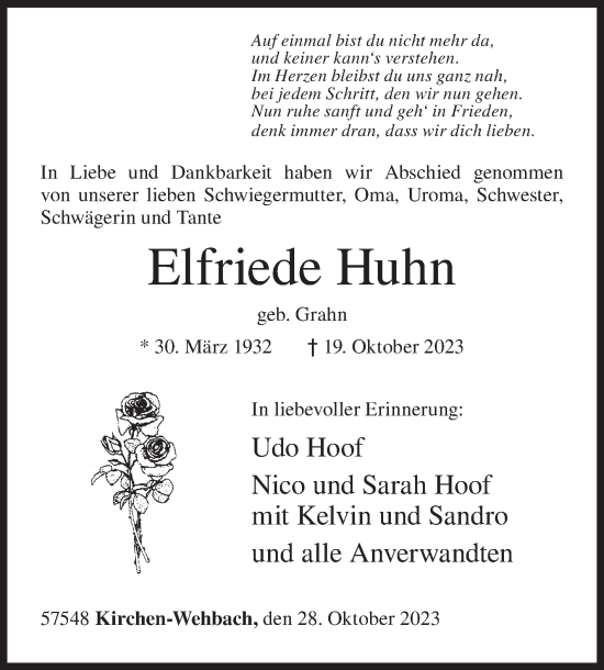 Traueranzeige von Elfriede Huhn von Siegener Zeitung