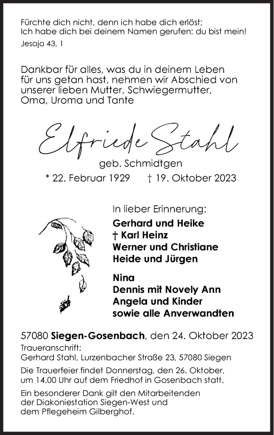 Traueranzeige von Elfriede Stahl von Siegener Zeitung