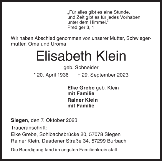 Traueranzeige von Elisabeth Klein von Siegener Zeitung