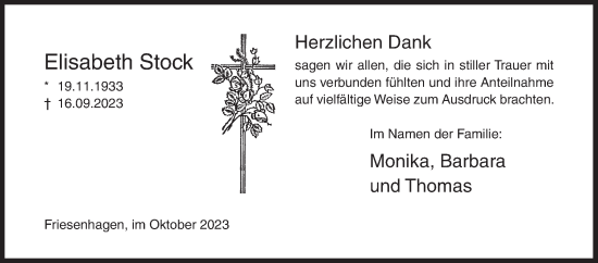 Traueranzeige von Elisabeth Stock von Siegener Zeitung