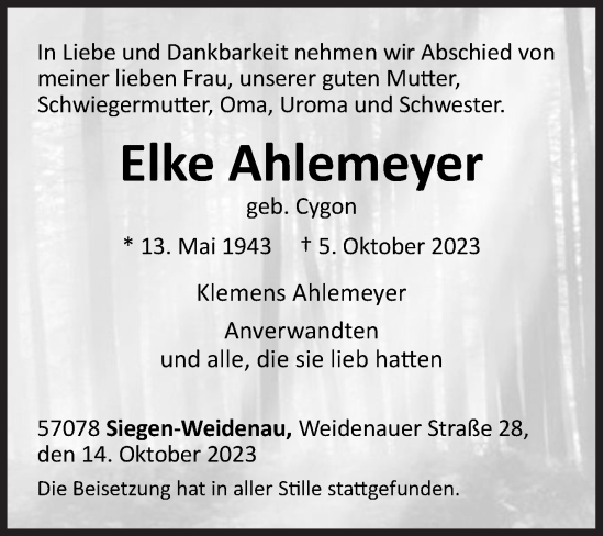 Traueranzeige von Elke Ahlemeyer von Siegener Zeitung