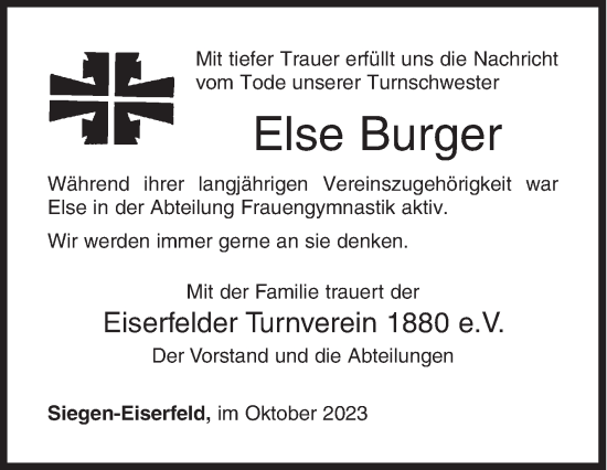 Traueranzeige von Else Burger von Siegener Zeitung