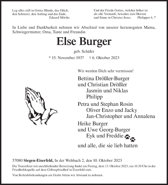 Traueranzeige von Else Burger von Siegener Zeitung