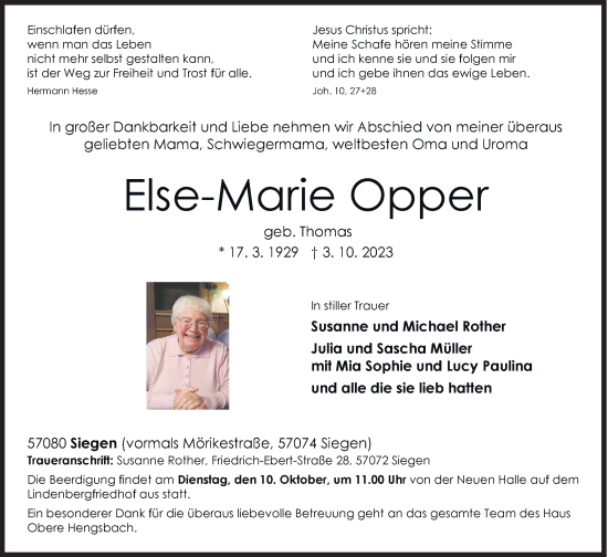 Traueranzeige von Else-Marie Opper von Siegener Zeitung