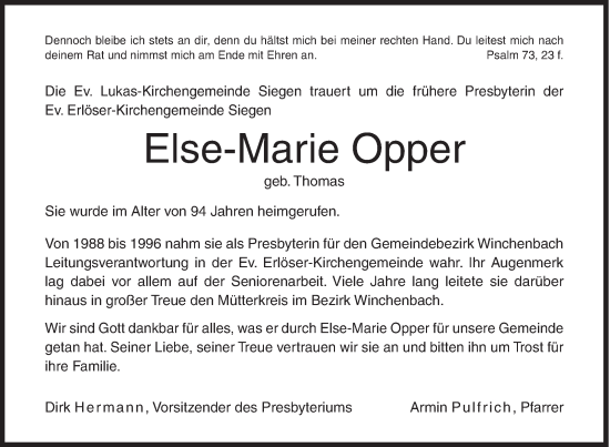 Traueranzeige von Else-Marie Opper von Siegener Zeitung