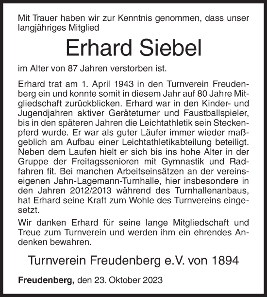 Traueranzeige von Erhard Siebel von Siegener Zeitung