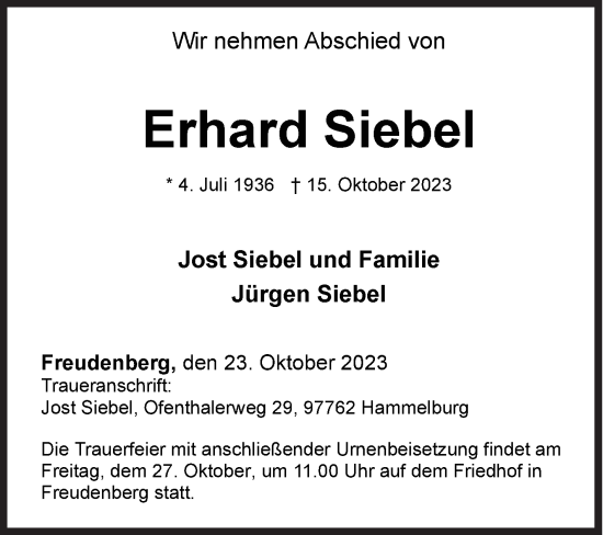 Traueranzeige von Erhard Siebel von Siegener Zeitung