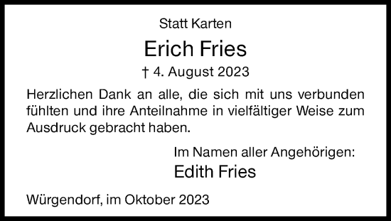 Traueranzeige von Erich Fries von Siegener Zeitung
