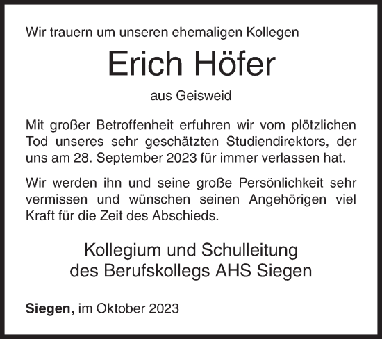 Traueranzeige von Erich Höfer von Siegener Zeitung