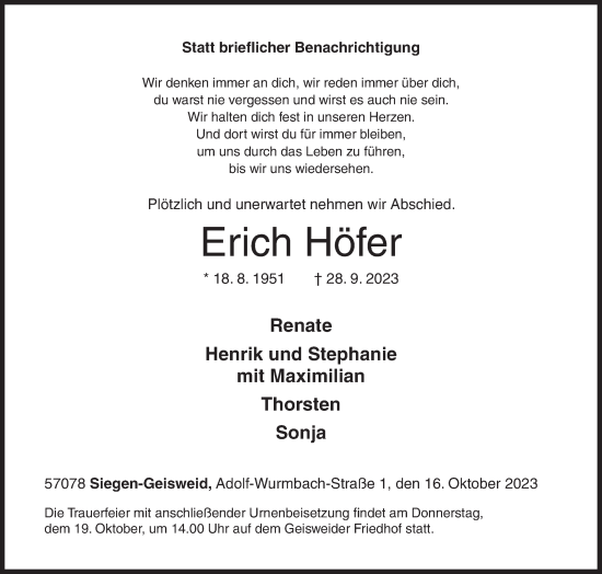 Traueranzeige von Erich Höfer von Siegener Zeitung