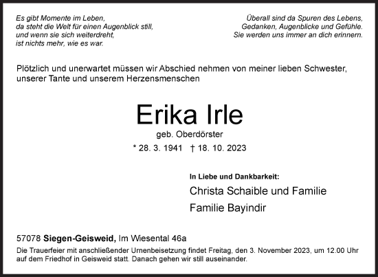 Traueranzeige von Erika Irle von Siegener Zeitung