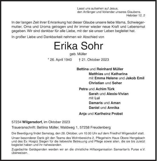 Traueranzeige von Erika Sohr von Siegener Zeitung
