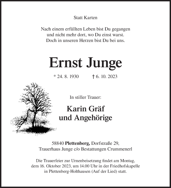 Traueranzeige von Ernst Junge von Siegener Zeitung