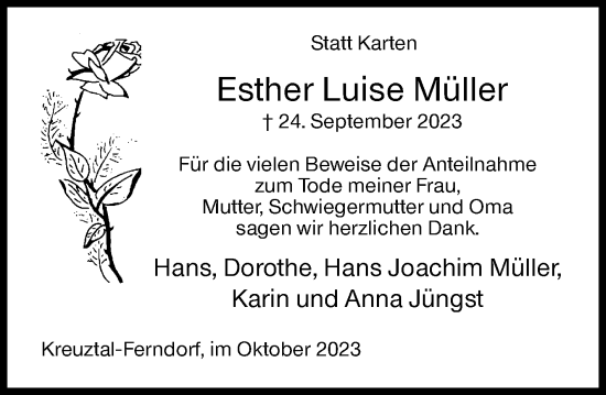 Traueranzeige von Esther Luise Müller von Siegener Zeitung