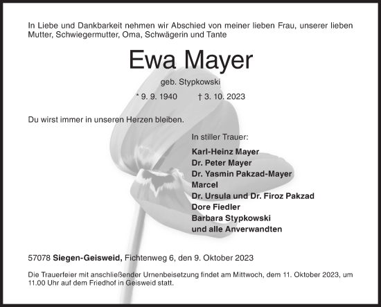 Traueranzeige von Ewa Mayer von Siegener Zeitung