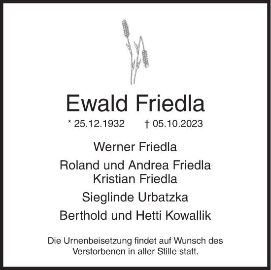 Traueranzeige von Ewald Friedla von Siegener Zeitung