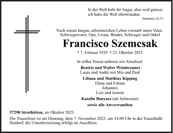 Traueranzeige von Francisco Szemcsak von Siegener Zeitung