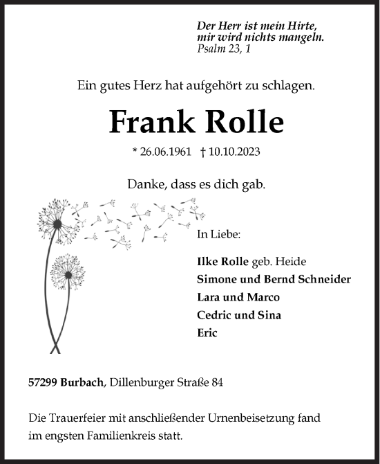 Traueranzeige von Frank Rolle von Siegener Zeitung