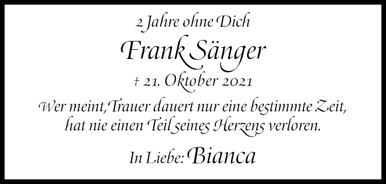 Traueranzeige von Frank Sänger von Siegener Zeitung