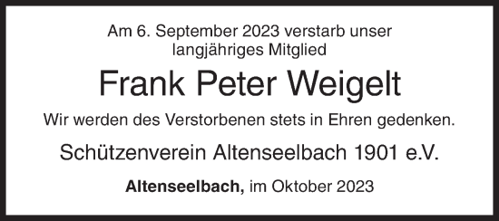 Traueranzeige von Frank Peter Weigelt von Siegener Zeitung