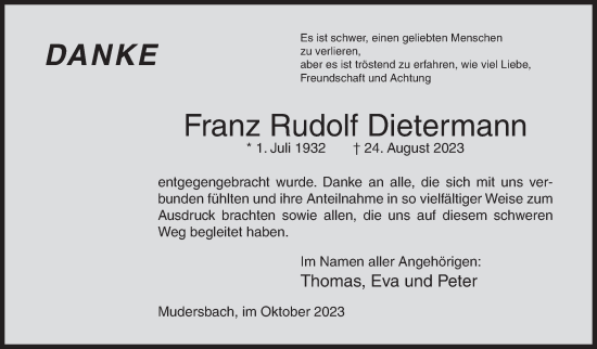 Traueranzeige von Franz Rudolf Dietermann von Siegener Zeitung