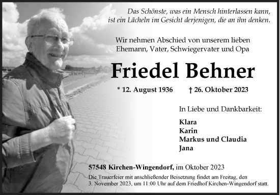 Traueranzeige von Friedel Behner von Siegener Zeitung