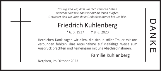 Traueranzeige von Friedrich Kuhlenberg von Siegener Zeitung