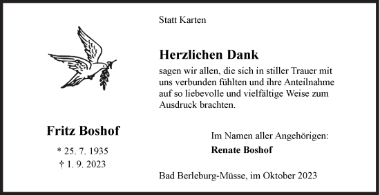 Traueranzeige von Fritz Boshof von Siegener Zeitung