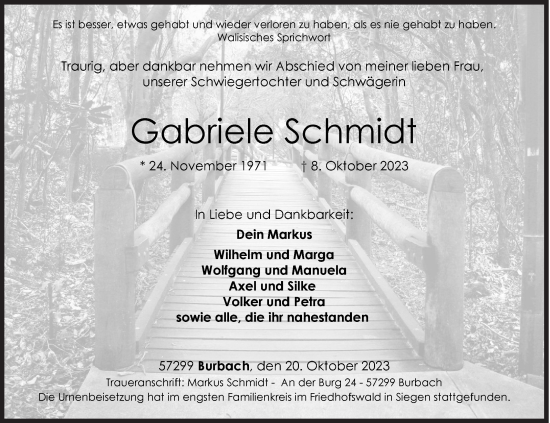 Traueranzeige von Gabriele Schmidt von Siegener Zeitung