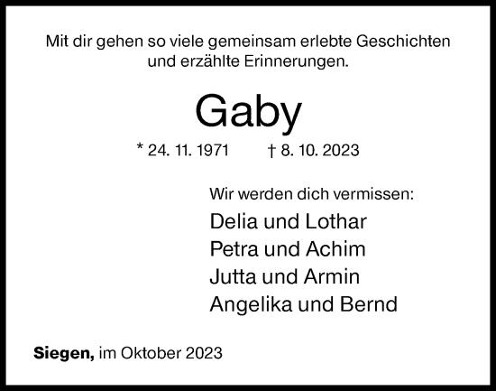 Traueranzeige von Gaby  von Siegener Zeitung