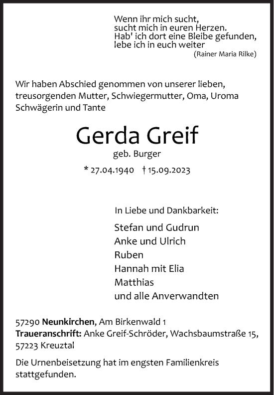 Traueranzeige von Gerda Greif von Siegener Zeitung
