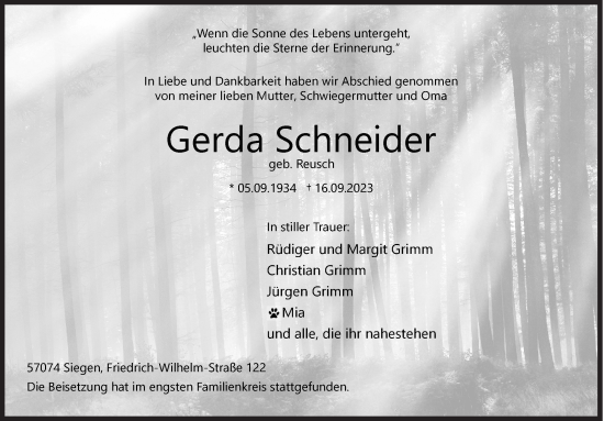 Traueranzeige von Gerda Schneider von Siegener Zeitung