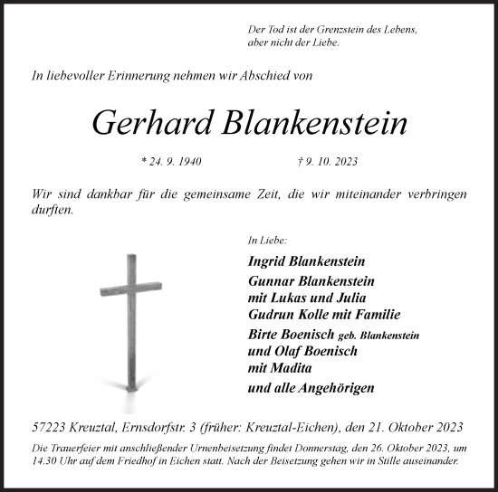 Traueranzeige von Gerhard Blankenstein von Siegener Zeitung