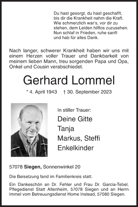 Traueranzeige von Gerhard Lommel von Siegener Zeitung