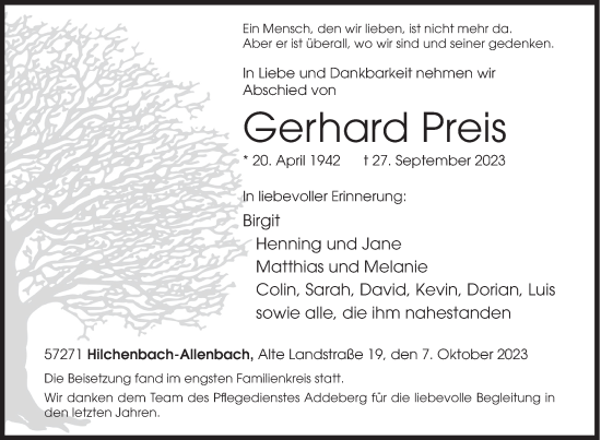 Traueranzeige von Gerhard Preis von Siegener Zeitung