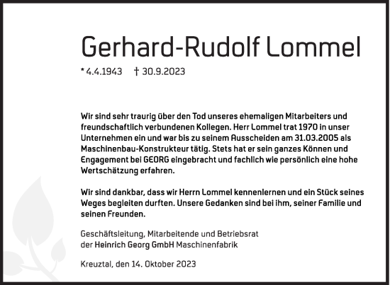 Traueranzeige von Gerhard-Rudolf Lommel von Siegener Zeitung