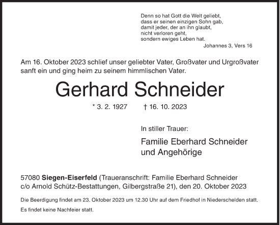 Traueranzeige von Gerhard Schneider von Siegener Zeitung