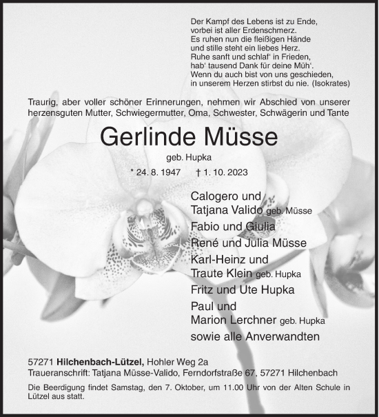Traueranzeige von Gerlinde Müsse von Siegener Zeitung