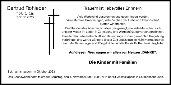 Traueranzeige von Gertrud Rohleder von Siegener Zeitung
